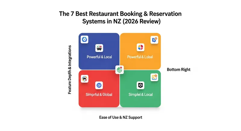 Infographic quadrant chart comparing the 7 best restaurant booking systems in NZ for 2026, plotting software based on Feature Depth & Integrations versus Ease of Use & NZ Support across four categories: Powerful & Local, Powerful & Global, Simple & Local, and Simple & Global.