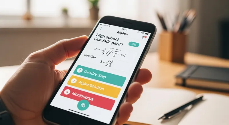Smartphone showing a step-by-step algebra solver app for high school math help.
