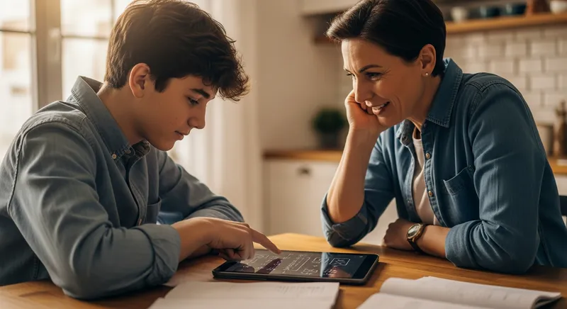 Parent helping teen with high school math homework using a tablet at the kitchen table.