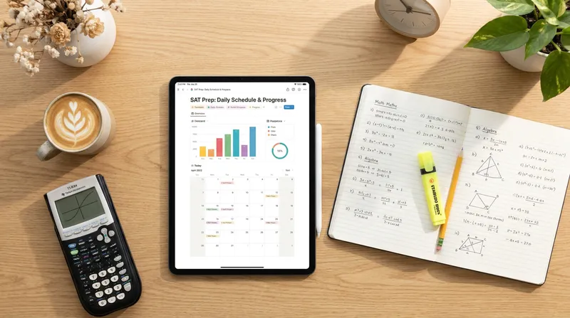 An overhead view of an organized SAT self-study desk featuring a tablet displaying an online prep dashboard, a notebook with handwritten math formulas, a graphing calculator, and a cup of coffee.