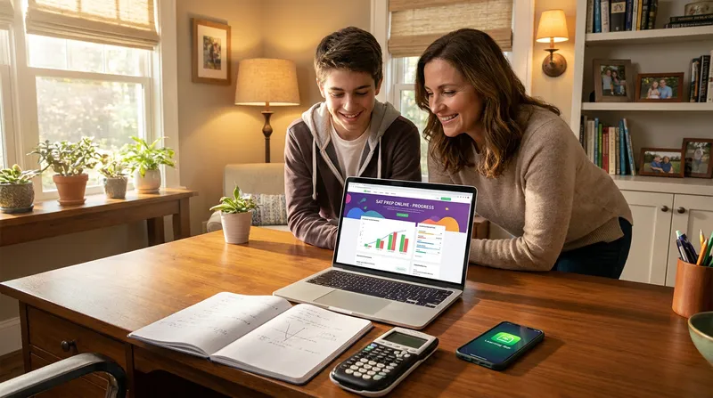 A smiling teenager and parent look at a laptop displaying a free online SAT prep course in a warm, sunlit home study.