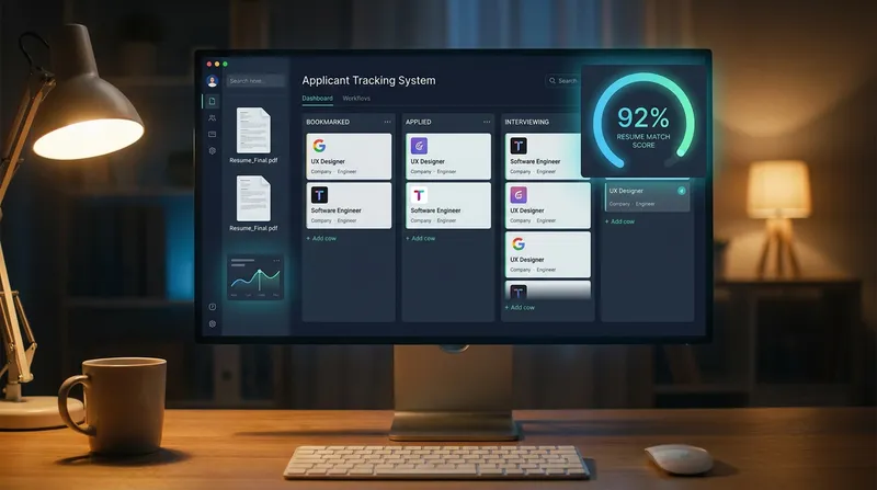 A modern personal ATS (job application tracker) dashboard on a computer screen, featuring a Kanban board with job application stages and a 92% resume match score widget.