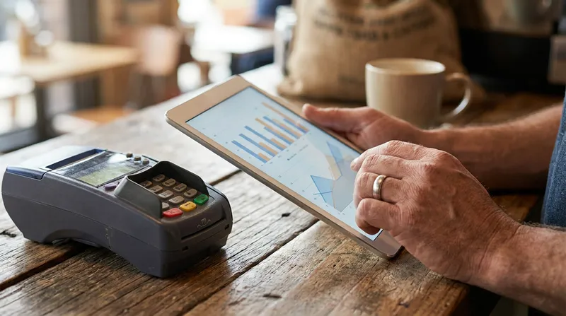 A cafe owner holding a tablet with financial graphs next to a traditional EFTPOS terminal on a rustic wooden counter, representing payment processing options.