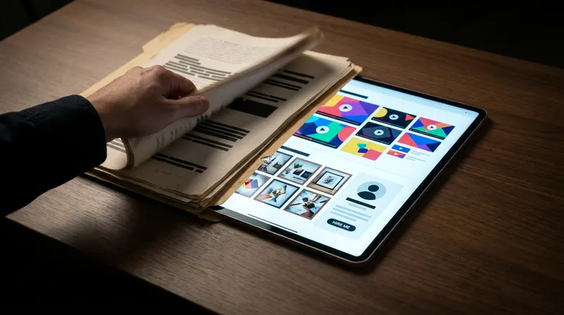 JobSparrow cover letter alternatives - a hand slides away traditional paper documents to reveal a modern tablet glowing with a vibrant digital portfolio.