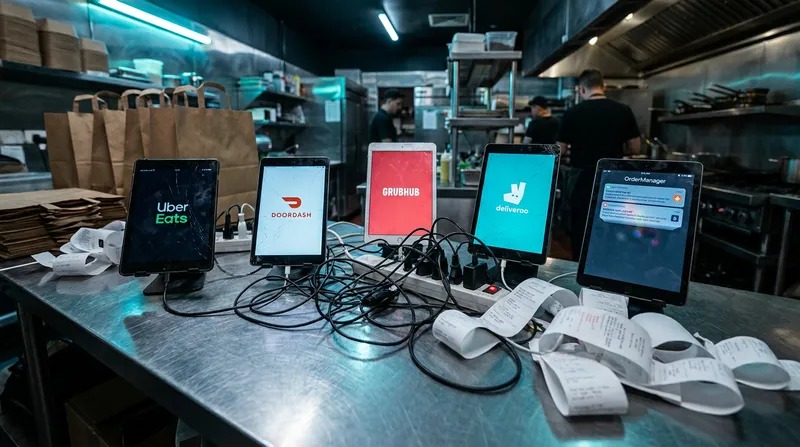 Several digital tablets displaying food orders on a stainless steel counter in a restaurant kitchen.