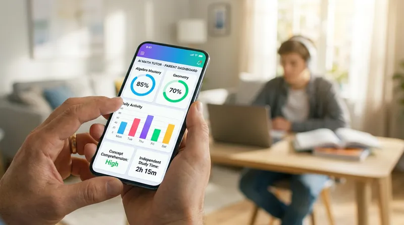 Parent holding a smartphone displaying an AI math tutor dashboard with learning metrics, while their teenager studies in the background.