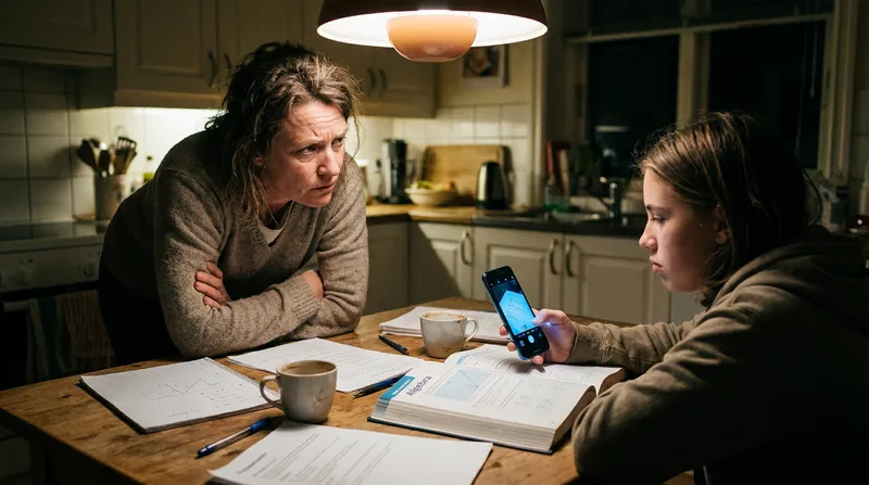 An anxious parent watching a teenager use a math scanner app on a smartphone instead of an AI math tutor at a cluttered kitchen table late at night.
