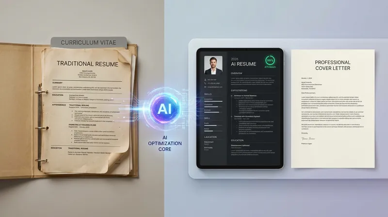 A split-screen comparison showing a cluttered, outdated traditional resume on the left being transformed by a glowing AI core into a sleek, modern 2026 resume and cover letter with a 99% ATS Match badge on the right.