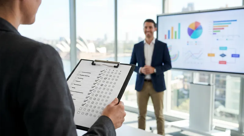 Over-the-shoulder view of an interviewer holding a scoring rubric as a candidate delivers a case study presentation in a bright Sydney corporate boardroom.