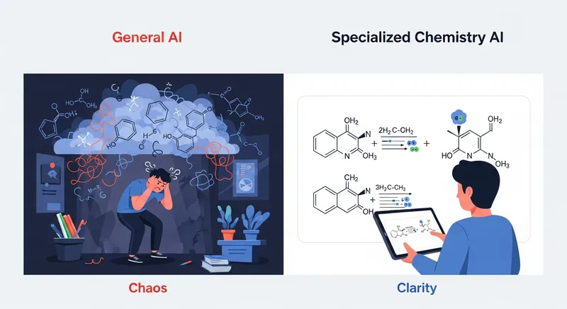 An infographic comparing a frustrated student with incorrect chemistry formulas versus a confident student with clear, step-by-step reaction mechanisms on a tablet.