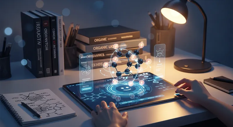 A student using a holographic AI interface on a glass tablet to solve organic chemistry problems, featuring a 3D molecular model.