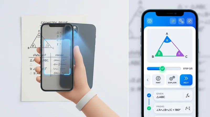 A split-screen graphic showing a smartphone scanning a handwritten geometry proof on paper, and the Tutor AI app interface displaying a color-coded, step-by-step breakdown of the geometric solution.