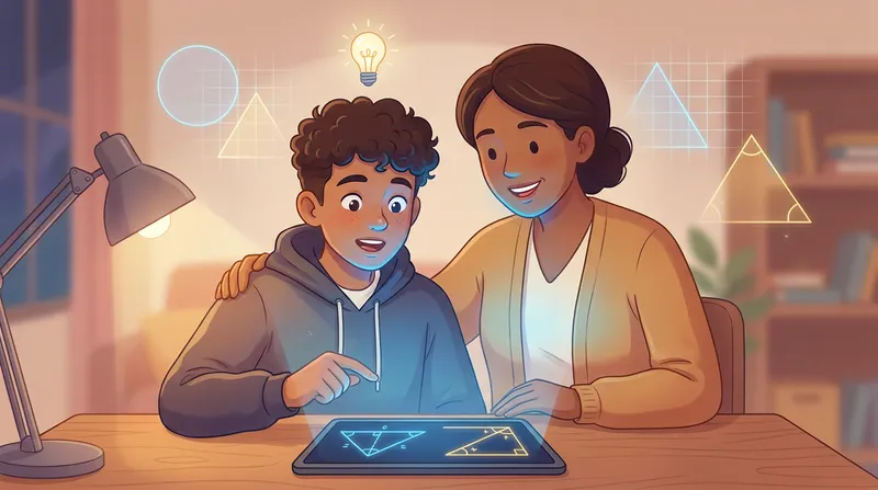 High school student and parent using Tutor AI tablet app to solve a geometry proof.