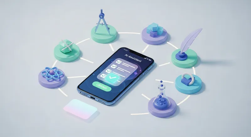 A modern flat-lay graphic of a smartphone displaying a glowing AI assistant interface, surrounded by 3D icons of a math compass, science beaker, and writing quill in a soft pastel and holographic aesthetic.