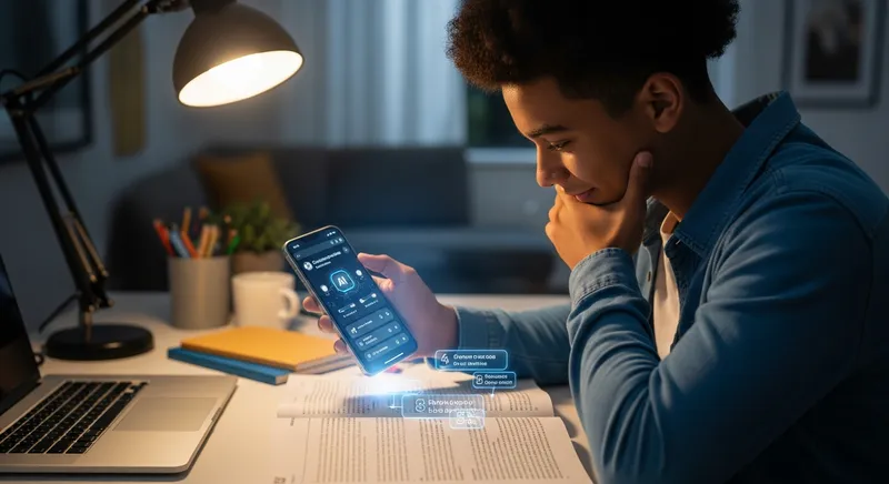 A teenage student uses an AI homework helper app on a smartphone to scan a math textbook at a modern, high-tech desk at night.