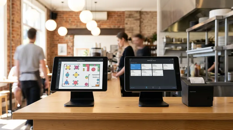 A standard iPad POS setup on a wooden cafe counter in New Zealand, displaying a multi-location management dashboard.