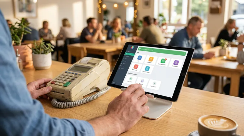 A clear product screenshot of the Lazygrid iPad POS interface showing a successful customer data import screen and menu layout.