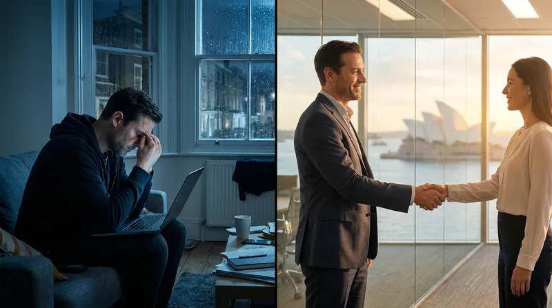 Split-screen photo of an Australian expat's career transition: on the left, a stressed job seeker in a dark London apartment; on the right, a confident professional shaking hands with a recruiter in a sunny Sydney office.