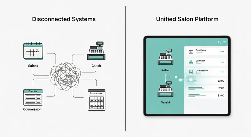 Split-screen vector illustration comparing cluttered, disconnected salon systems with a unified all-in-one salon and spa software platform, featuring integrated booking, POS, and commission tracking on a sleek, modern tablet interface.