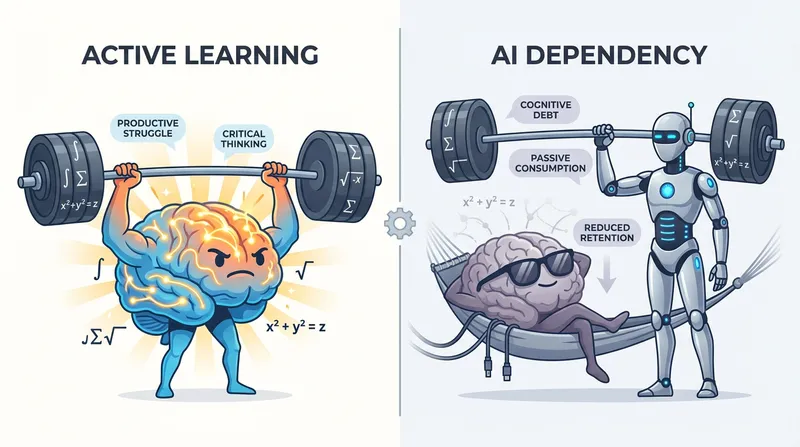 A split-screen vector illustration comparing active learning and AI dependency. On the left, a determined brain with glowing neural pathways lifts a heavy barbell of math symbols. On the right, representing cognitive debt, a passive brain rests in a hammock while an AI robot lifts the weights.
