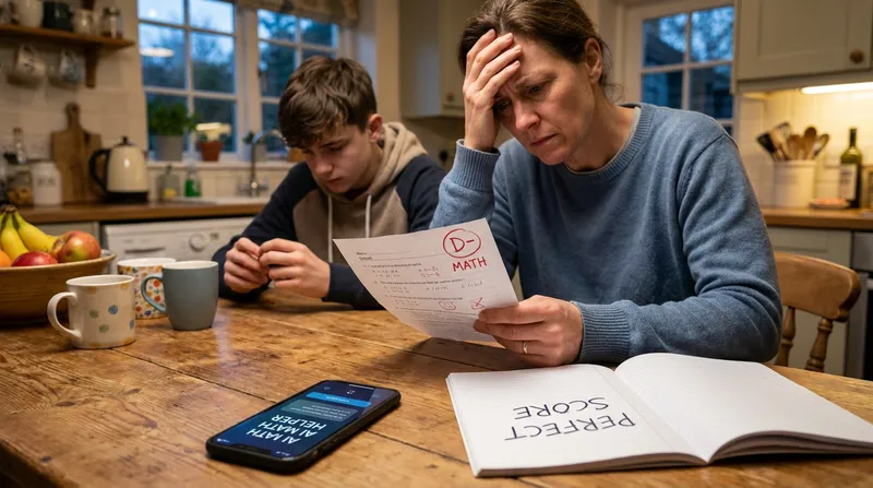 A concerned parent holding a failed math test sits with a downcast teenager, next to a smartphone displaying an AI math-solver app and a notebook of perfect homework.
