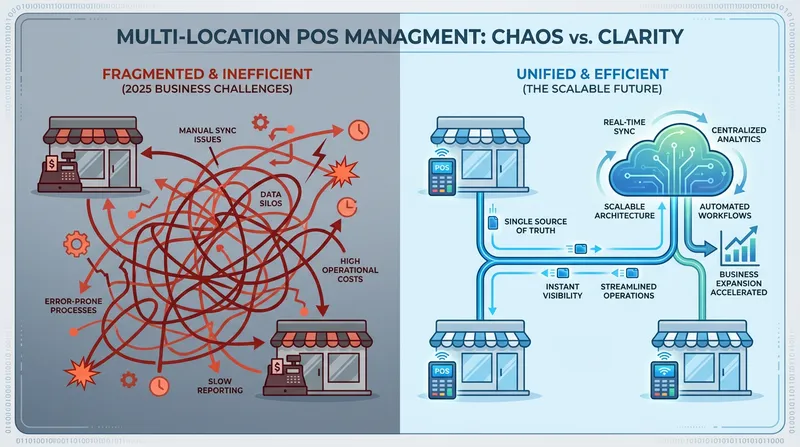 Infographic showing inefficient multi-location management with tangled red lines between store icons, contrasted with an efficient, unified POS system where a clean blue line connects all stores to a central cloud.