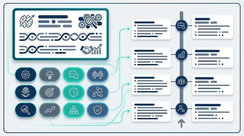A minimalist infographic illustrating a hybrid resume layout for a career transition, featuring a professional summary, a core competencies grid with skill-translating connector lines, and a chronological work history timeline.