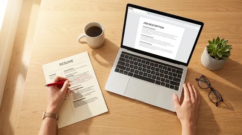 A flat lay of a wooden desk where a person highlights transferable skills on a resume with a red pen next to a laptop, illustrating a career transition.
