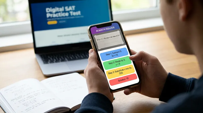 A student using an AI math solver app on a smartphone to view a step-by-step Digital SAT algebra solution, with a laptop showing a practice test in the background.