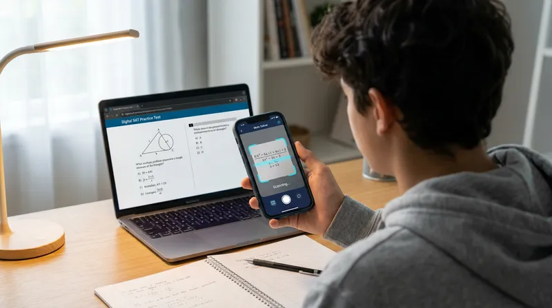 An over-the-shoulder view of a student using a smartphone math solver app to scan an equation from a laptop screen displaying a Digital SAT practice test.
