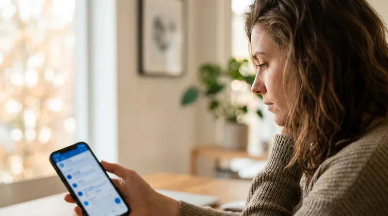 A thoughtful professional in a bright, modern Australian home office looking at a smartphone, contemplating salary expectations for a career decision.