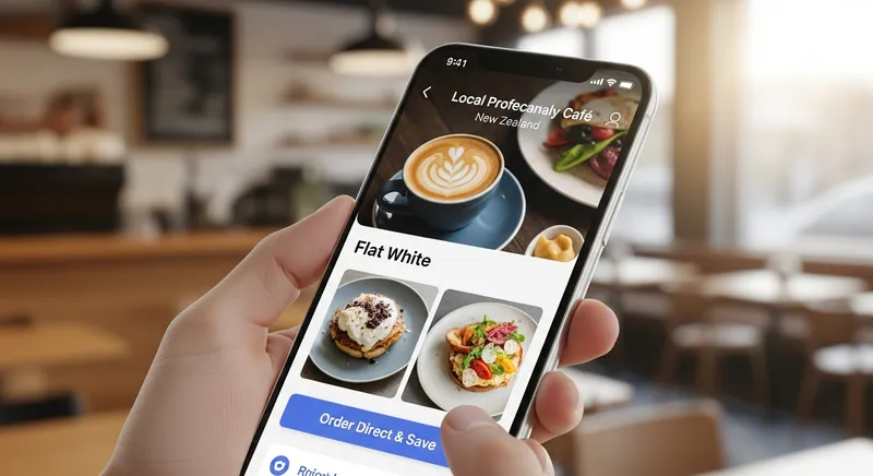 Close-up of a customer using a commission-free online ordering system on a modern smartphone at a New Zealand cafe, featuring a direct-order interface and "Order Direct & Save" button.