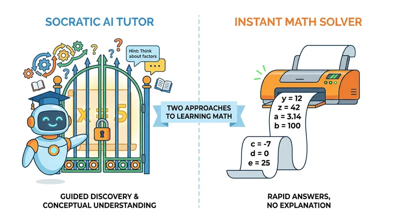 An infographic comparing a Socratic AI tutor and an instant math solver. On the left, a friendly robot stands by a locked gate with hints and steps guarding the answer to represent guided learning. On the right, a high-speed printer rapidly spits out a messy roll of final answers with no explanations.