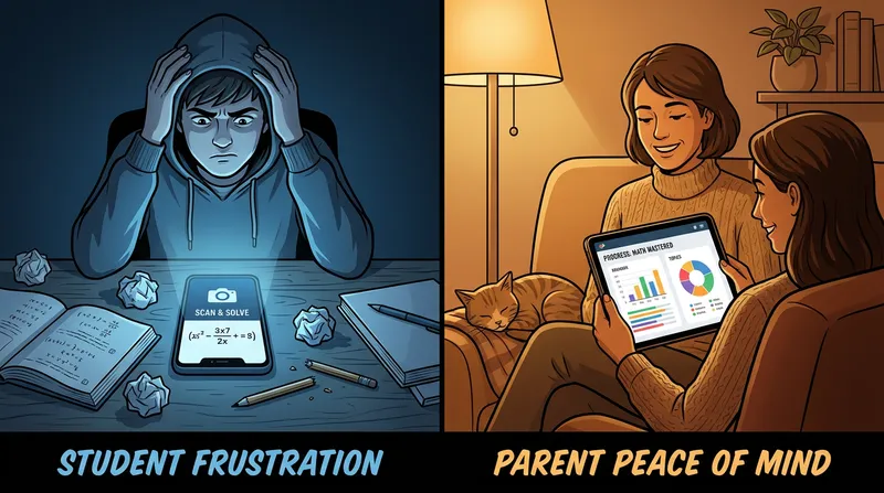 Split-screen illustration comparing a stressed student using an instant math solver app with a parent reviewing an AI math tutor progress dashboard.
