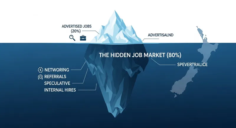 Infographic of an iceberg showing the job market: a small visible tip of advertised jobs and a large submerged section of hidden jobs.