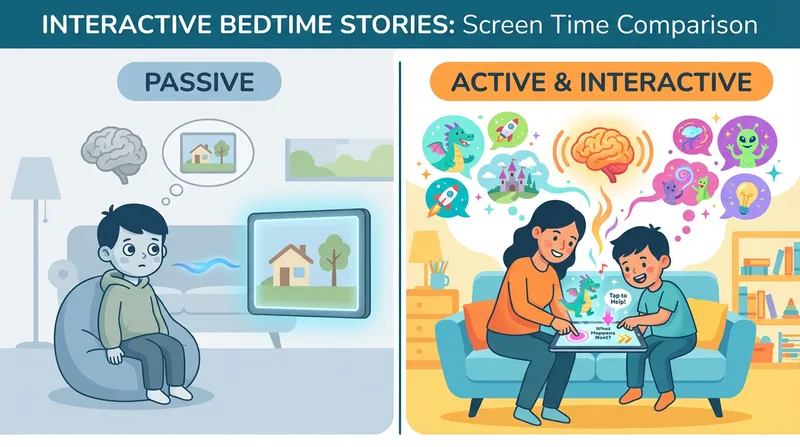 Infographic comparing passive screen time (a slumped, disengaged child) with active, interactive screen time (a parent and child happily co-creating a story on a tablet).