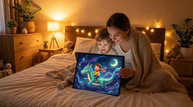 A parent and child cuddle while reading an interactive bedtime story on a tablet, showing a child riding a dragon.