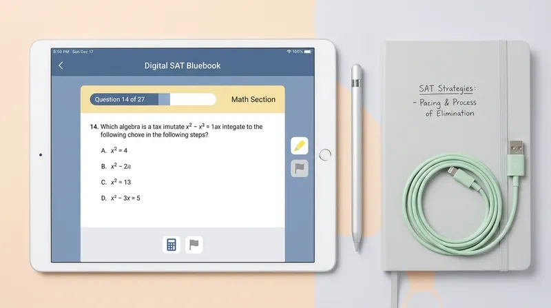 A clean, modern flat-lay shows a tablet displaying the Digital SAT Bluebook app, alongside a digital stylus, a notebook with handwritten SAT strategies, and a charging cable, all set on a pastel background for focused study.