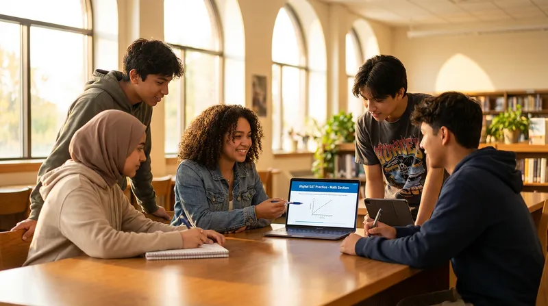 A diverse group of high school students, engaged and optimistic, collaboratively studies for the Digital SAT in a bright, modern space. One student points to a laptop screen displaying a Digital SAT practice question, while others listen attentively, reflecting confident teamwork.