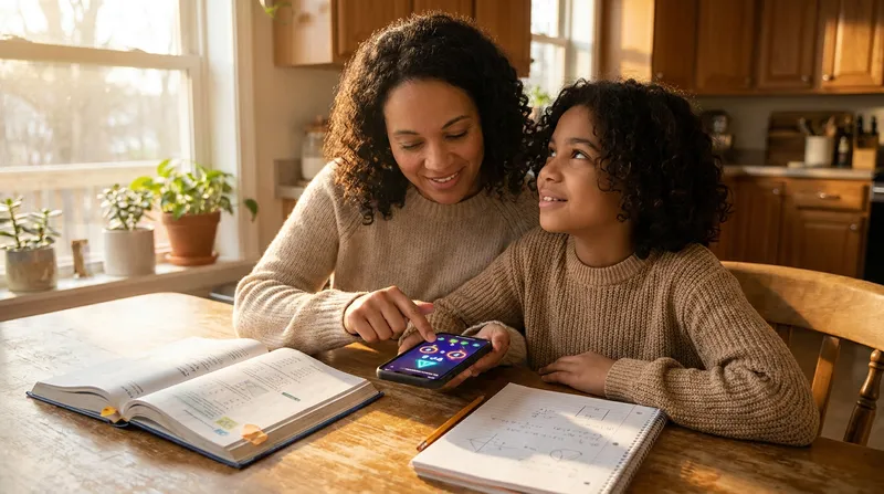 A parent and middle school student sit at a kitchen table, using a smartphone math solver app for step-by-step homework help with an open textbook.