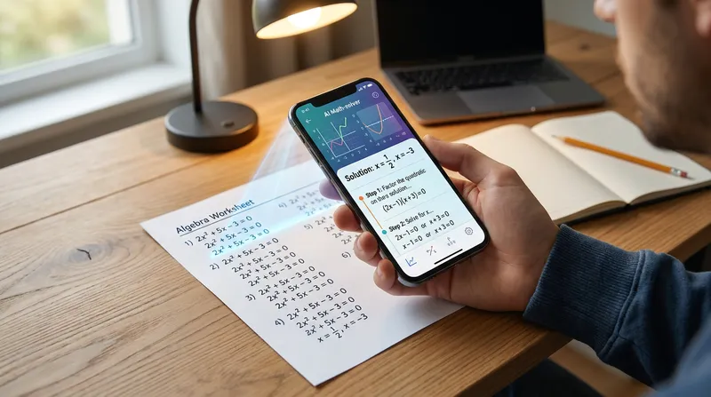 A person using an AI photo math solver app on a smartphone to scan an algebra worksheet and display a step-by-step solution on a clean study desk.
