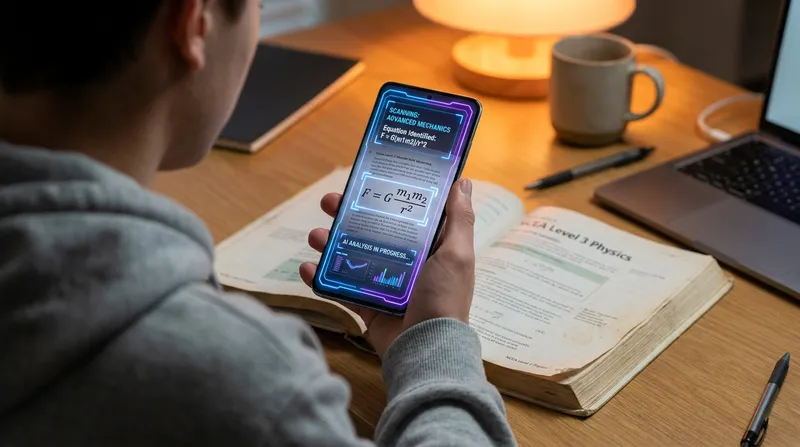 A student using a smartphone AI study app to scan and analyze a physics equation in an NCEA exam prep textbook with Tutor AI.