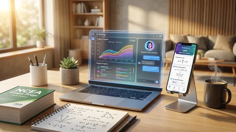 A bright, organized student desk featuring a laptop with an AI tutoring dashboard, a smartphone displaying an AI math solver app, an open notebook, and an "NCEA Exam Prep" textbook in warm, natural sunlight.