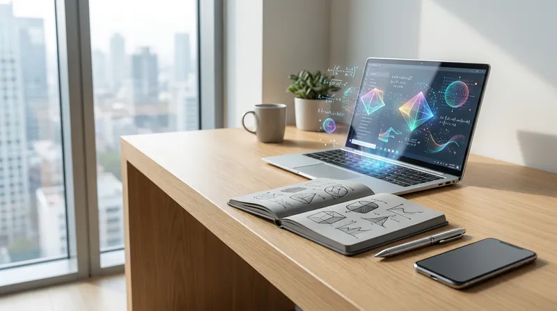 Modern study desk with a laptop displaying an AI math tutoring interface alongside a notebook with geometric diagrams.