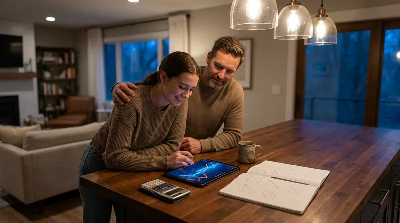 A parent and high school student collaborating on math homework using a tablet, notebook, and calculator at a kitchen table.