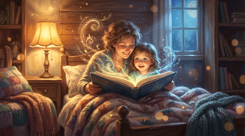 A parent and child snuggled in bed reading a glowing, magical book, illustrating how to create a calming bedtime story.