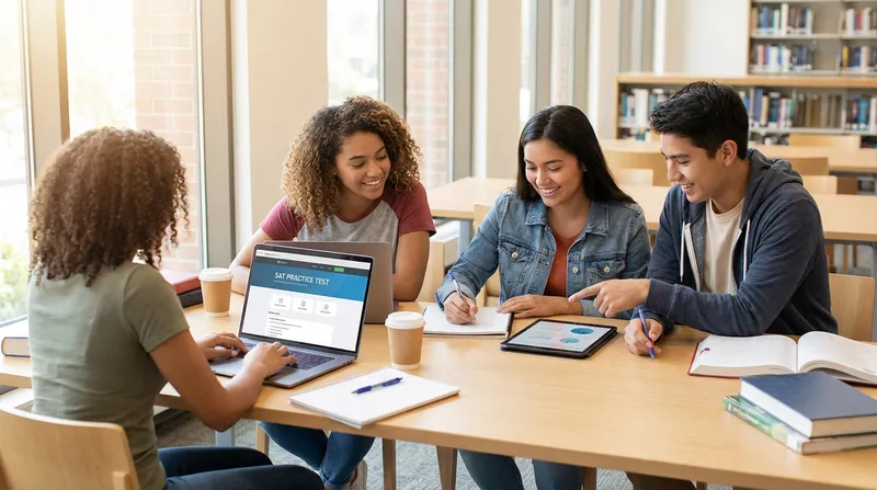 Diverse high school students collaboratively preparing for the 2026 Digital SAT. One student is focused on an online practice test on a laptop, another takes notes, and a third discusses content on a tablet in a modern study space.