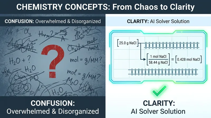 Split-screen comparing messy handwritten chemistry equations with a clean AI solver interface showing step-by-step steps.