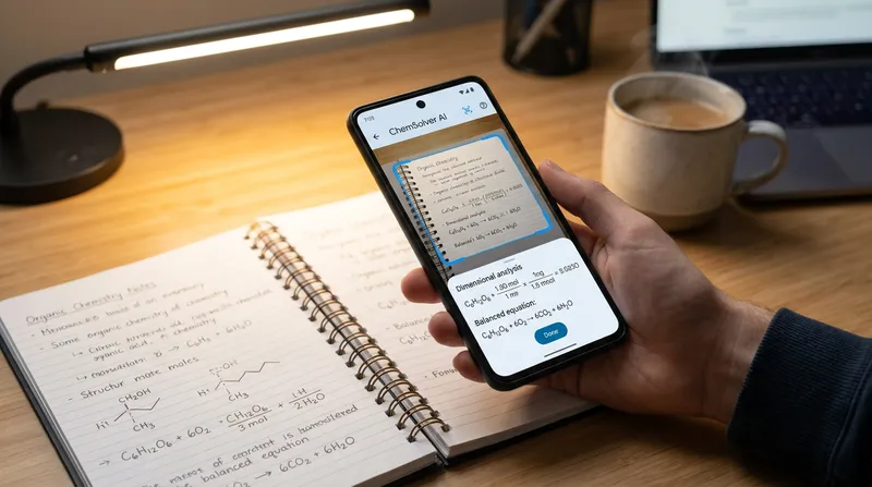 Student using an AI chemistry solver app to scan a handwritten stoichiometry problem, displaying step-by-step solutions.
