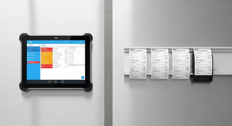 A top-down view of a professional hybrid kitchen setup featuring a digital KDS touchscreen tablet and printed thermal dockets on a stainless steel counter.